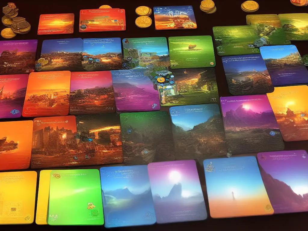 7 Wonders board game with cards, coins, and Wonder boards set up for gameplay