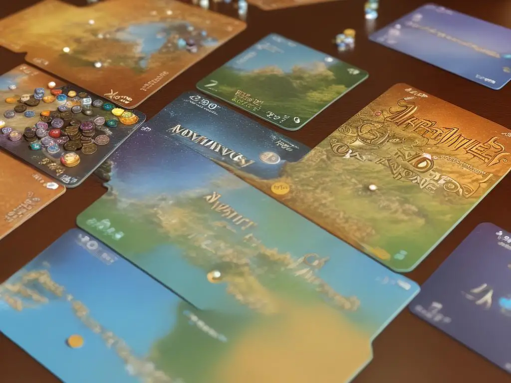 A board game named 7 Wonders with colorful cards and coins on the board.