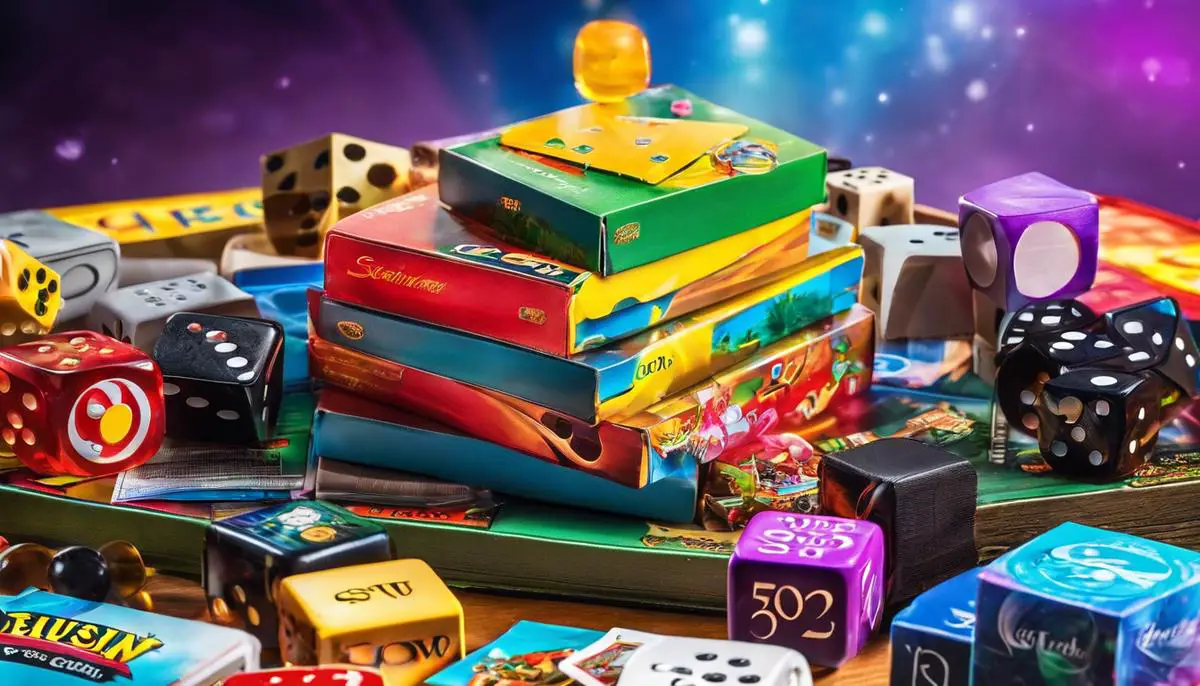 Image depicting various 90s board games, with colorful game boxes and game components. The image represents the diversity and variety of board games from the 90s.