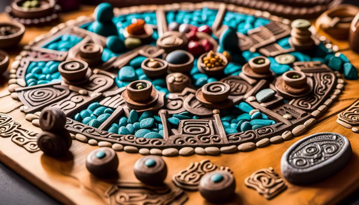 Image of Aztec board game pieces crafted with clay, beans, and stones, depicting symbols and deities from Aztec culture.