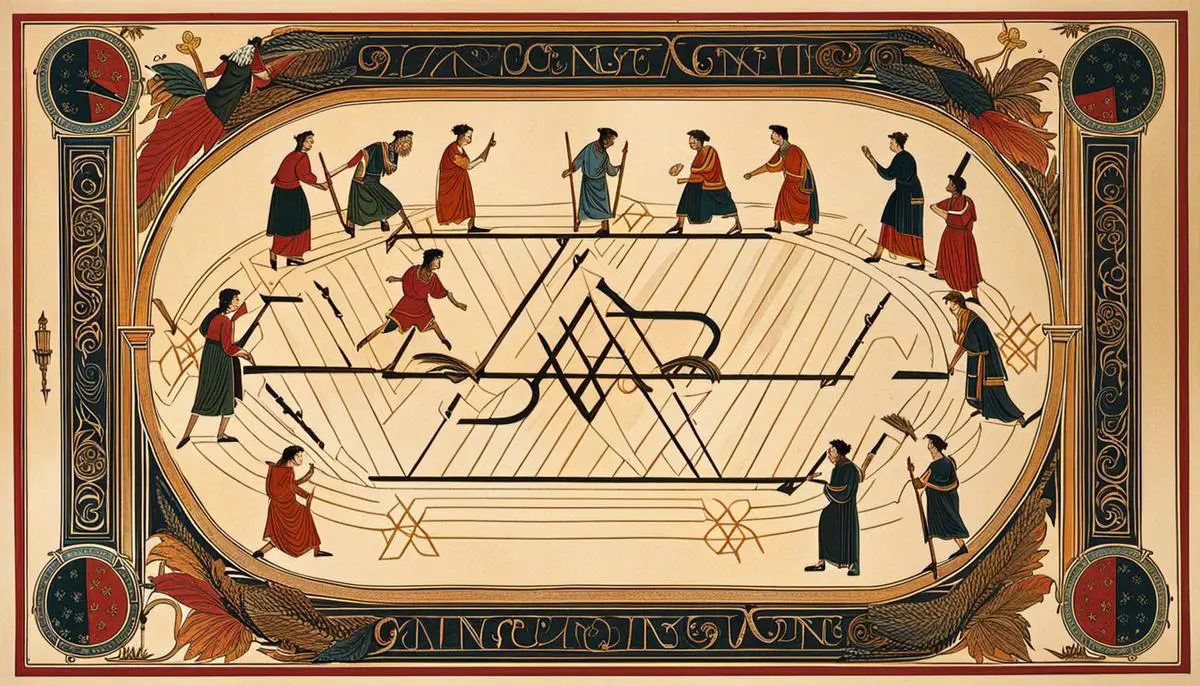 Illustration of the Ancient Greek game of Five Lines, featuring players placing their men on the pentagram-shaped playing field.