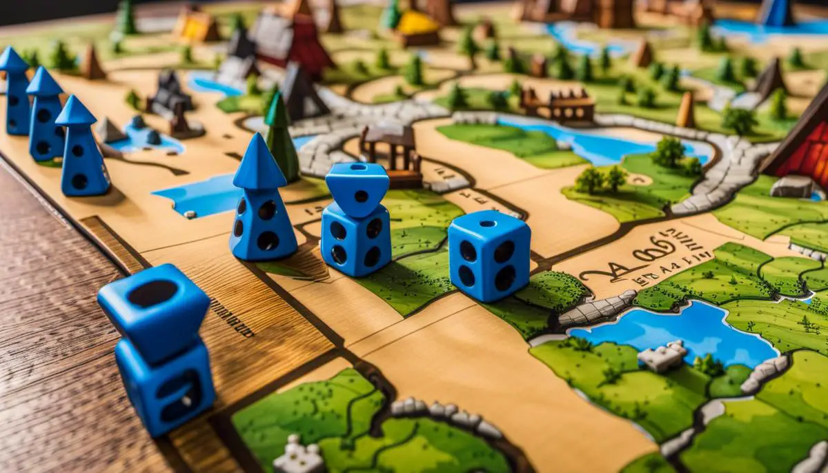 An image of a Carcassonne board game set up on a tabletop, showcasing the beautifully illustrated tiles and meeples.