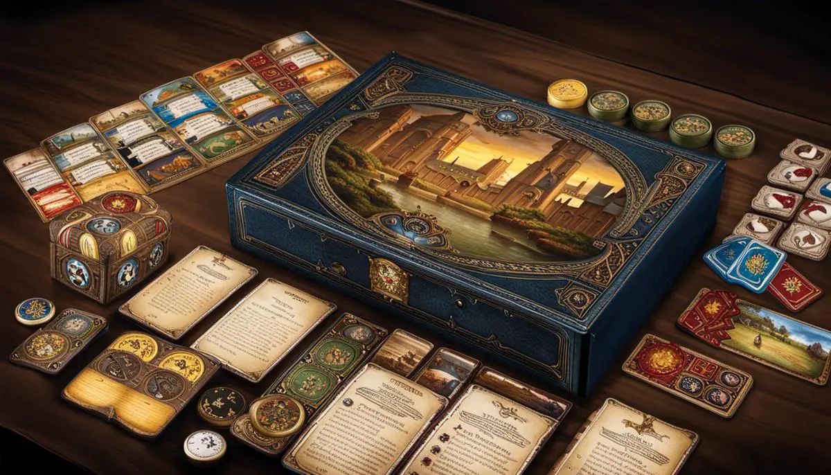 An image of the Dominion game box, depicting medieval artwork and symbols.