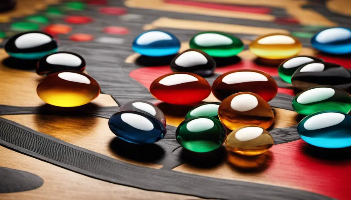 An image depicting a game board of Five Lines, showing parallel lines with colored pebbles placed on them.