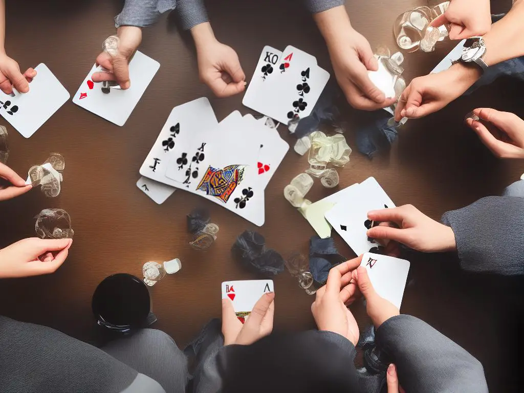 Hand and Foot Card Game with four players sitting around a table with cards in their hands.