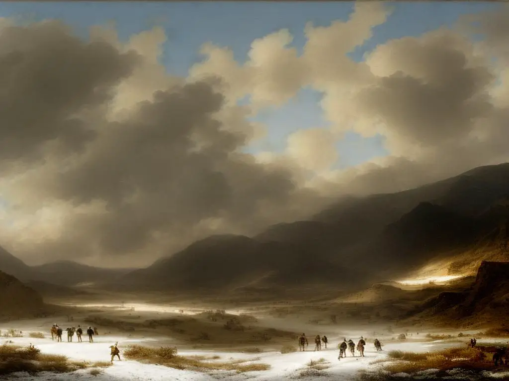 A group of adventurers walking through a cold and snowy landscape, surrounded by icy mountains and a faint hint of a structure in the distance. A perfect setting for a dungeons and dragons adventure