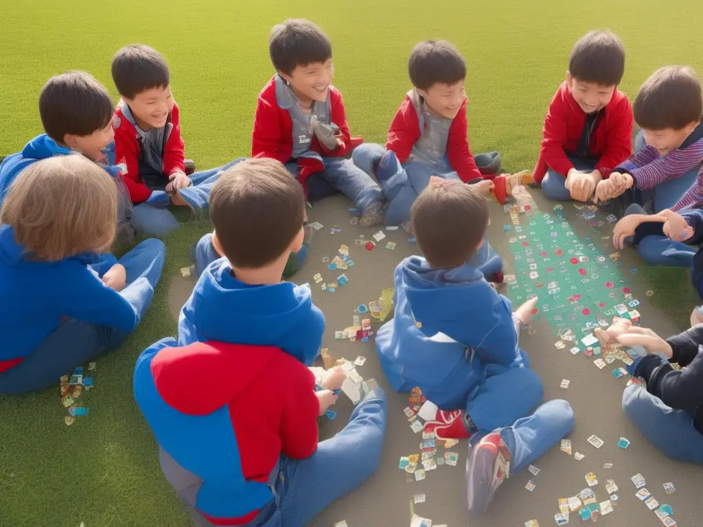 A group of children between the ages of 7 and 10 playing Kids Against Maturity. The children are laughing and having a good time as they play the card game.