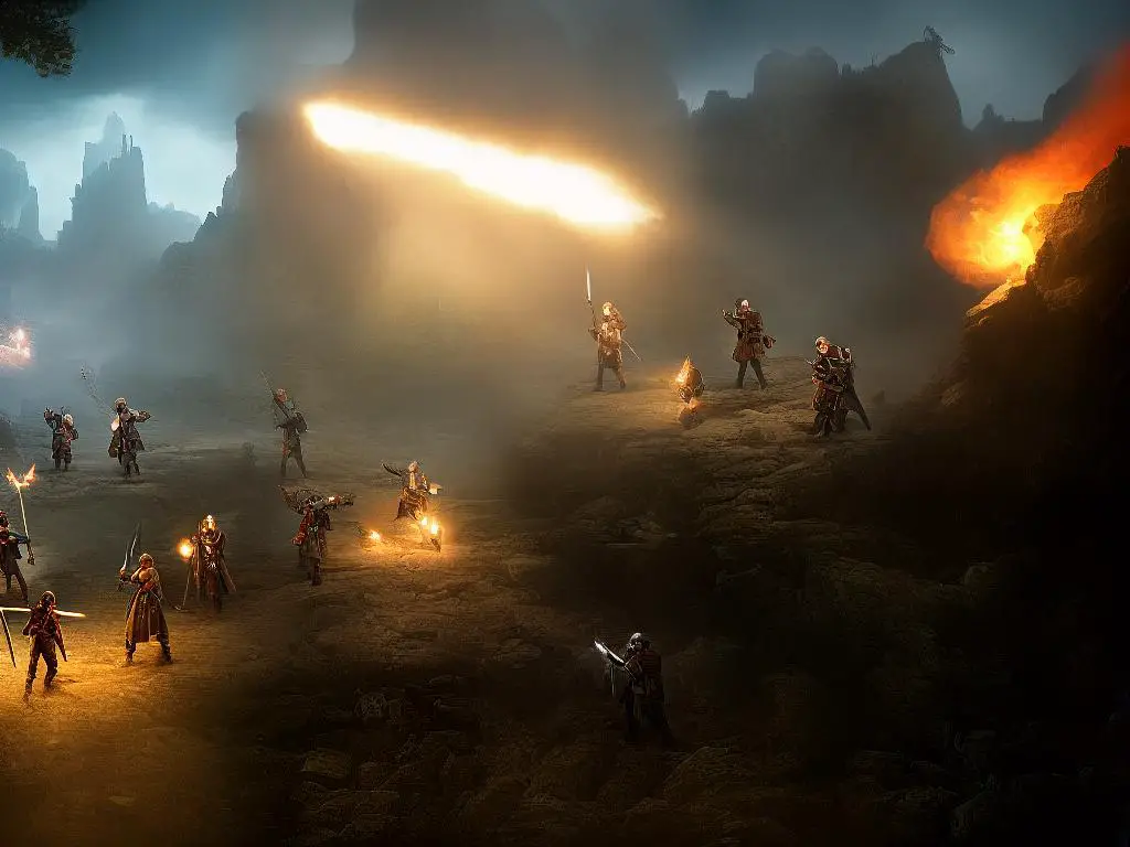 A group of adventurers navigate a dark and foreboding mine, armed with swords and torches to light their way.