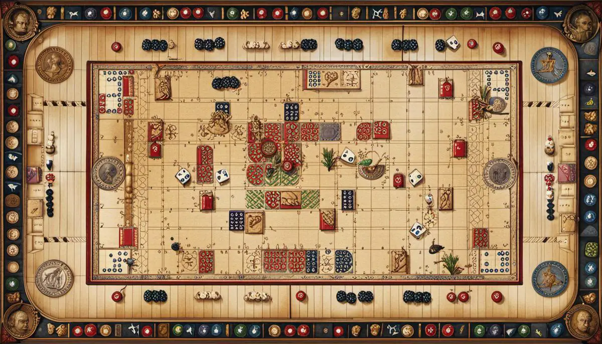 An image depicting a game board of Ludus Latrunculorum, with pieces and grid lines, showcasing the strategic nature of the game.