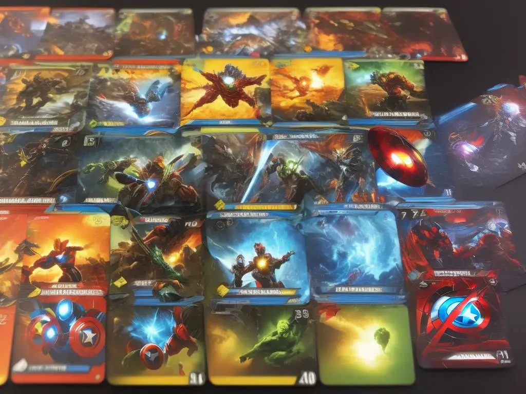 The Marvel Legendary card game with various superhero cards spread on a table.