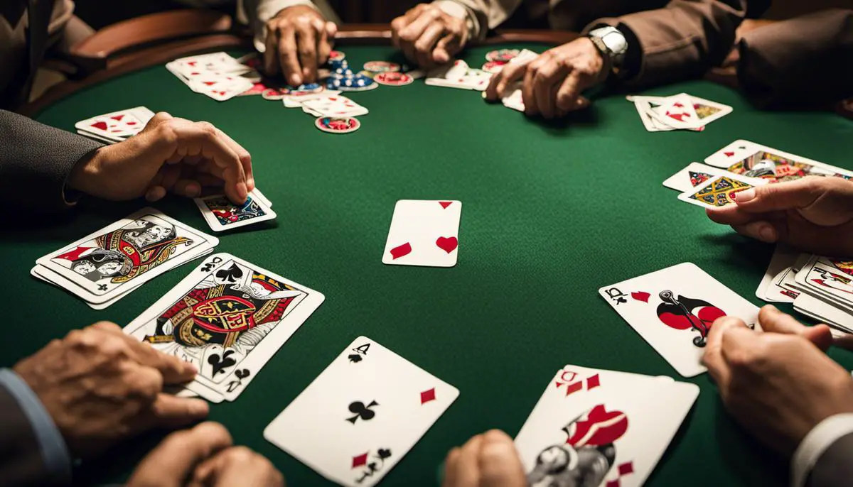 An image of a Mau card game being played, showing players holding cards and a discard pile in the center of the table.