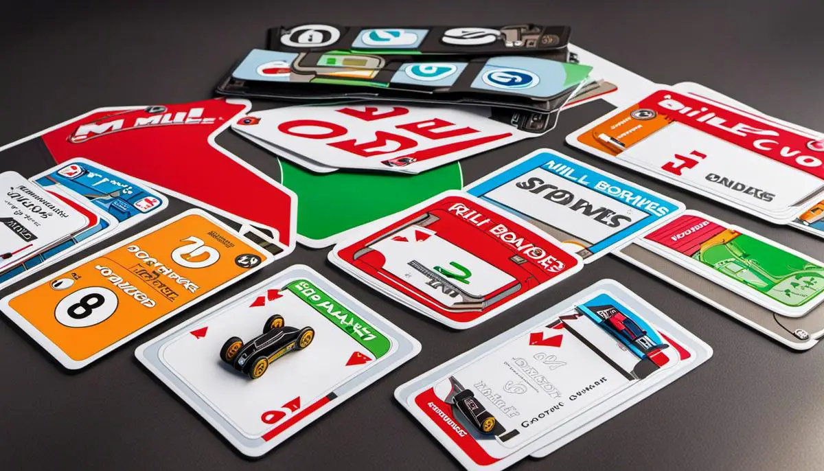 A picture of the Mille Bornes game cards and components, showcasing the vibrant design and variety of cards.