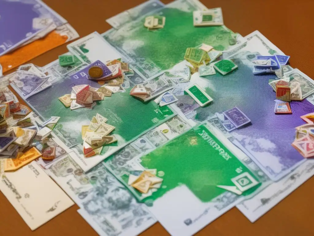 A game board with Monopoly pieces and fake money on it, depicting the trading aspect of the game