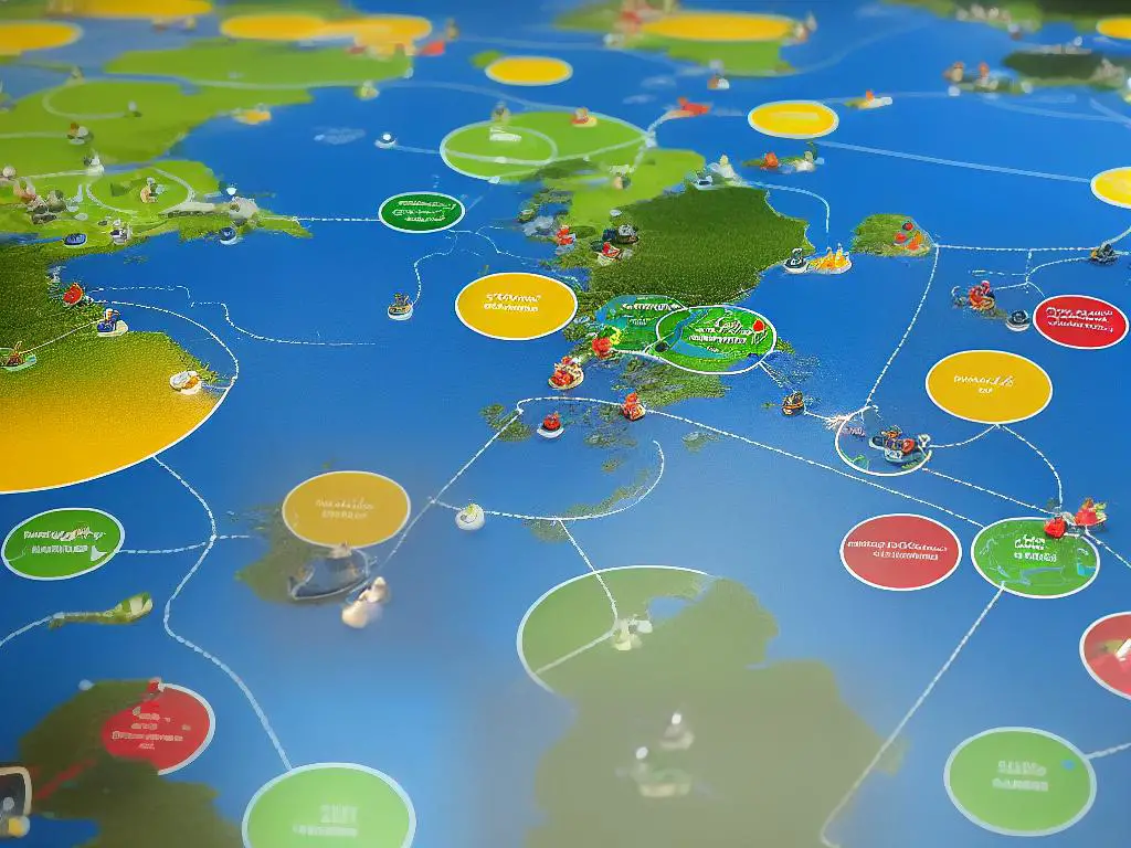 An image of Pandemic board game with the world map and outbreak markers.