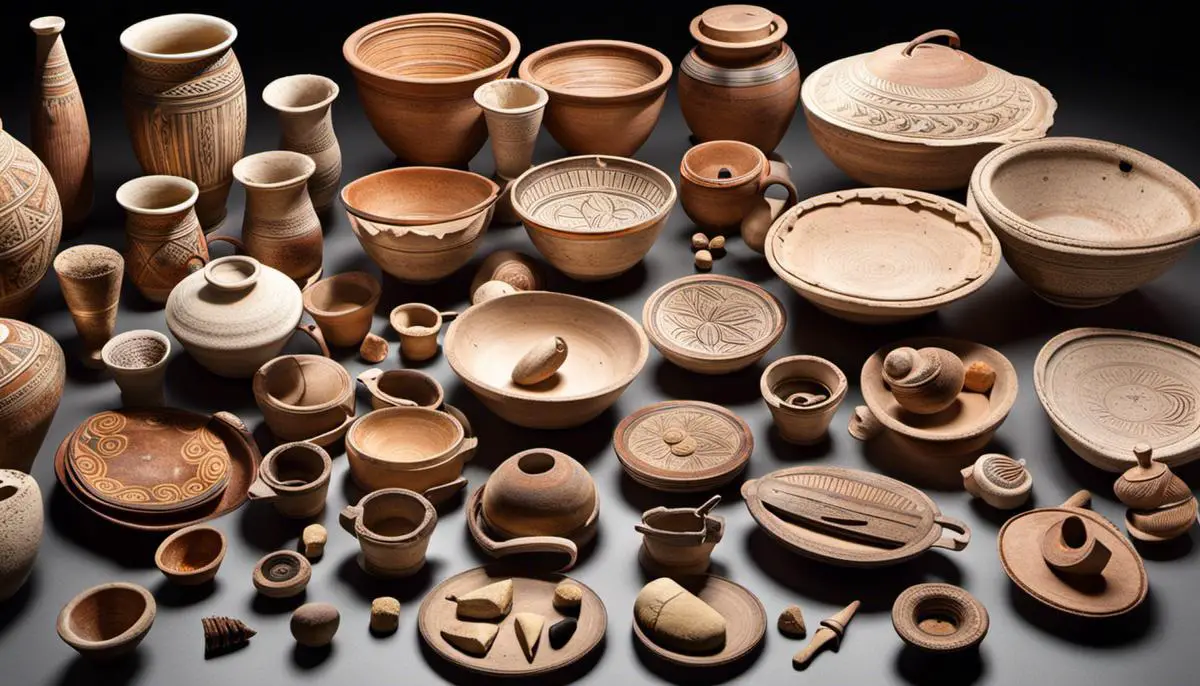 An image depicting ancient Greek artifacts related to the game Petteia, including pottery fragments and small clay pieces.