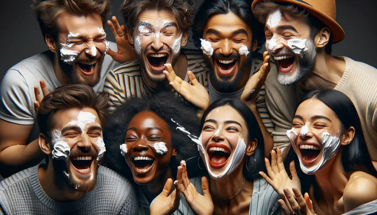 A fun image of a group of people laughing and playing Pie Face, showing the joy and camaraderie of the game