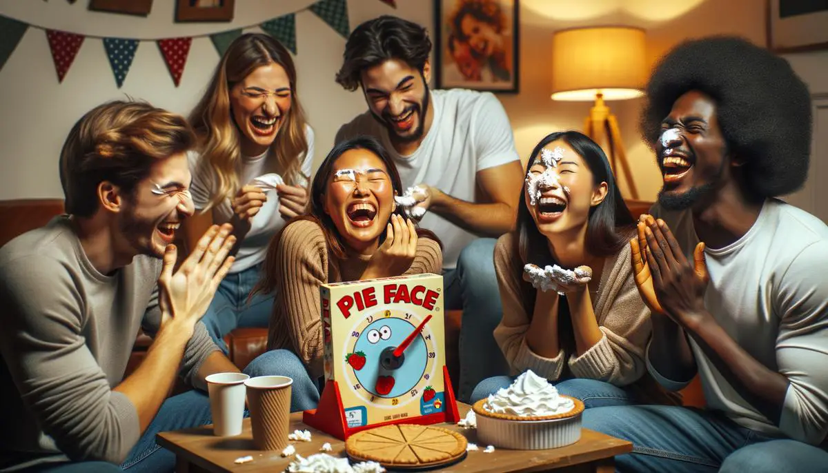 A group of people playing the Pie Face board game and laughing together