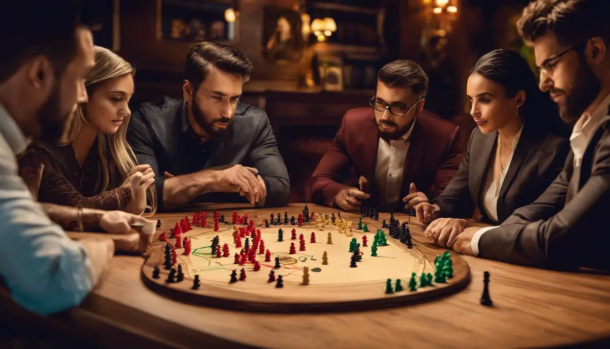 Image showcasing a group of players engaged in a competitive game of Risk Legacy, strategizing and placing their game pieces on the board.