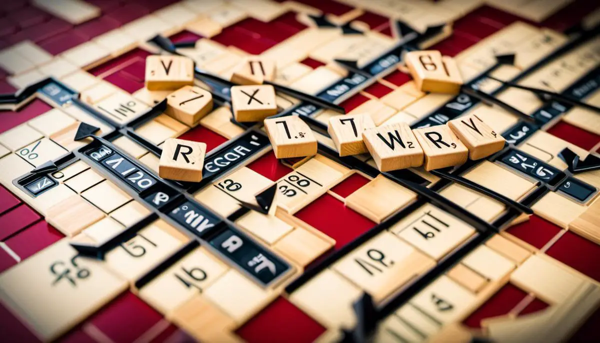 An image showing a Scrabble board with tiles and arrows, depicting the excitement of high scores and challenges.