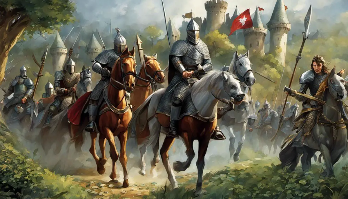 Image depicting the cooperative board game Shadows Over Camelot, featuring knights defending Camelot against threats and the possibility of a hidden traitor among them.