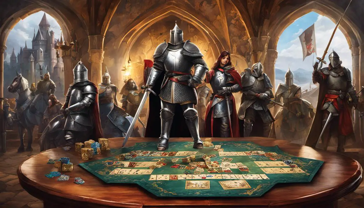 Image of Shadows Over Camelot game board with knights, cards, and pieces on a table