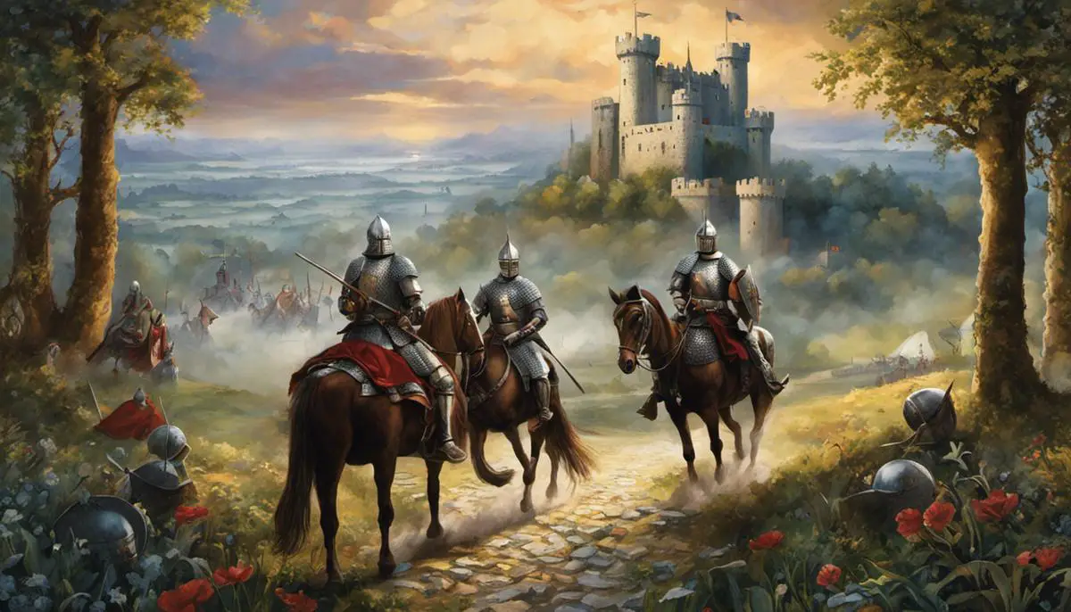 An image of the board game 'Shadows Over Camelot' with knights defending Camelot, surrounded by medieval imagery and icons.