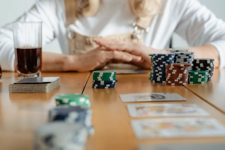 Two people sitting at a table playing a card game with multiple piles of cards in front of them.