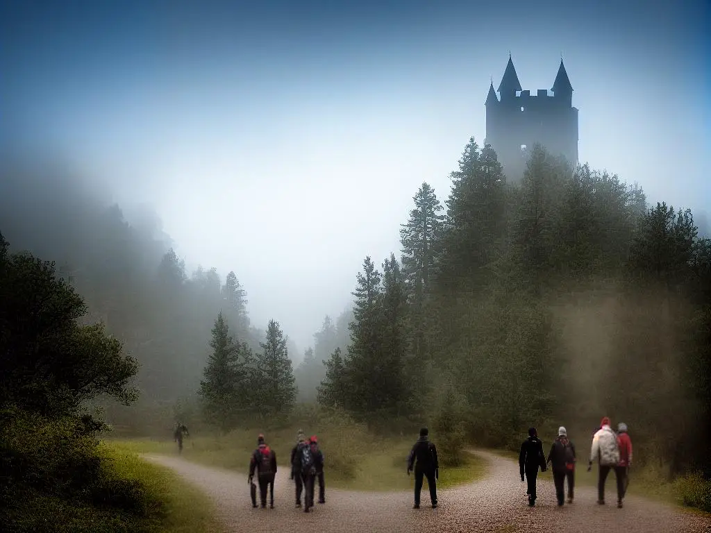 An image of adventurers walking through a foggy, dark landscape with a towering castle in the distance.