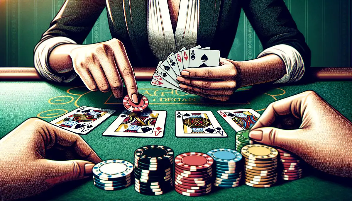 Image of poker cards with chips and a dealer, representing the Texas Hold'em poker strategy and game