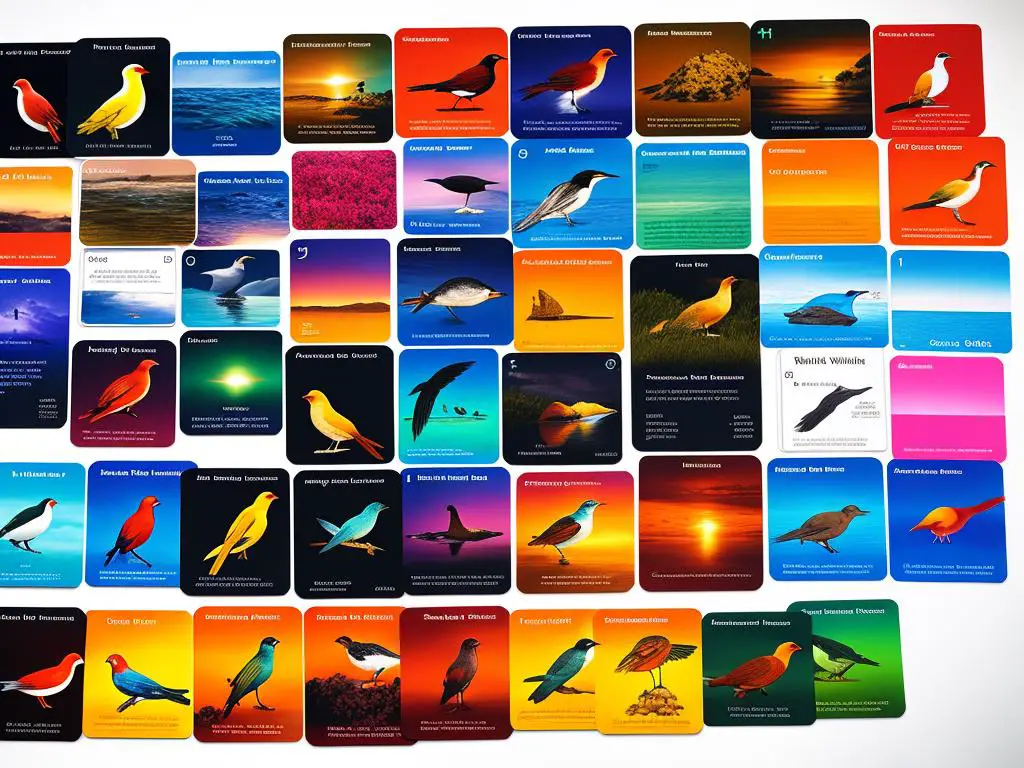 A colorful image depicting various bird cards and game components from the Wingspan Oceanic expansion, showcasing the theme and variety of content in the expansion.