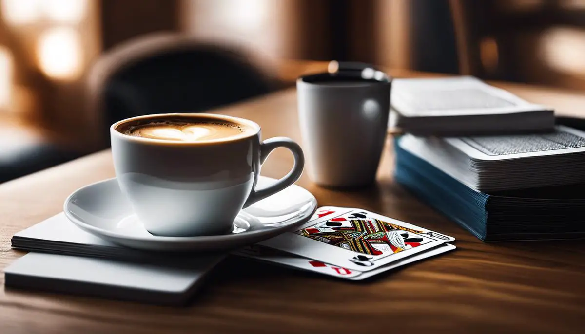 A picture showing a standard deck of cards with a coffee cup and a quiet room in the background.