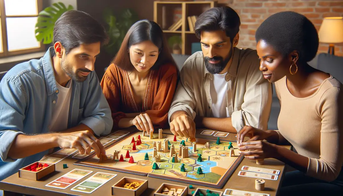 A group of people playing an acquisition board game together, showcasing the social interaction and strategic thinking involved in the game