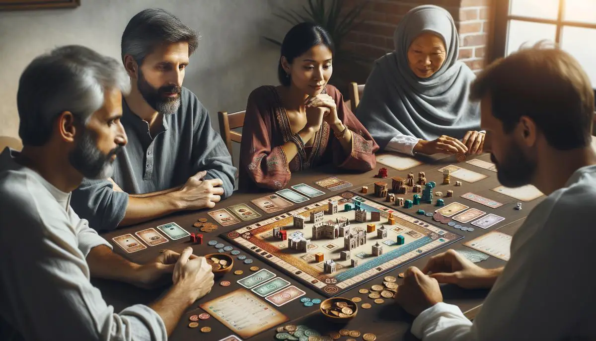 A group of people playing a board game where they are collecting assets and trading with each other, showcasing the strategic and social aspects of acquisition board games