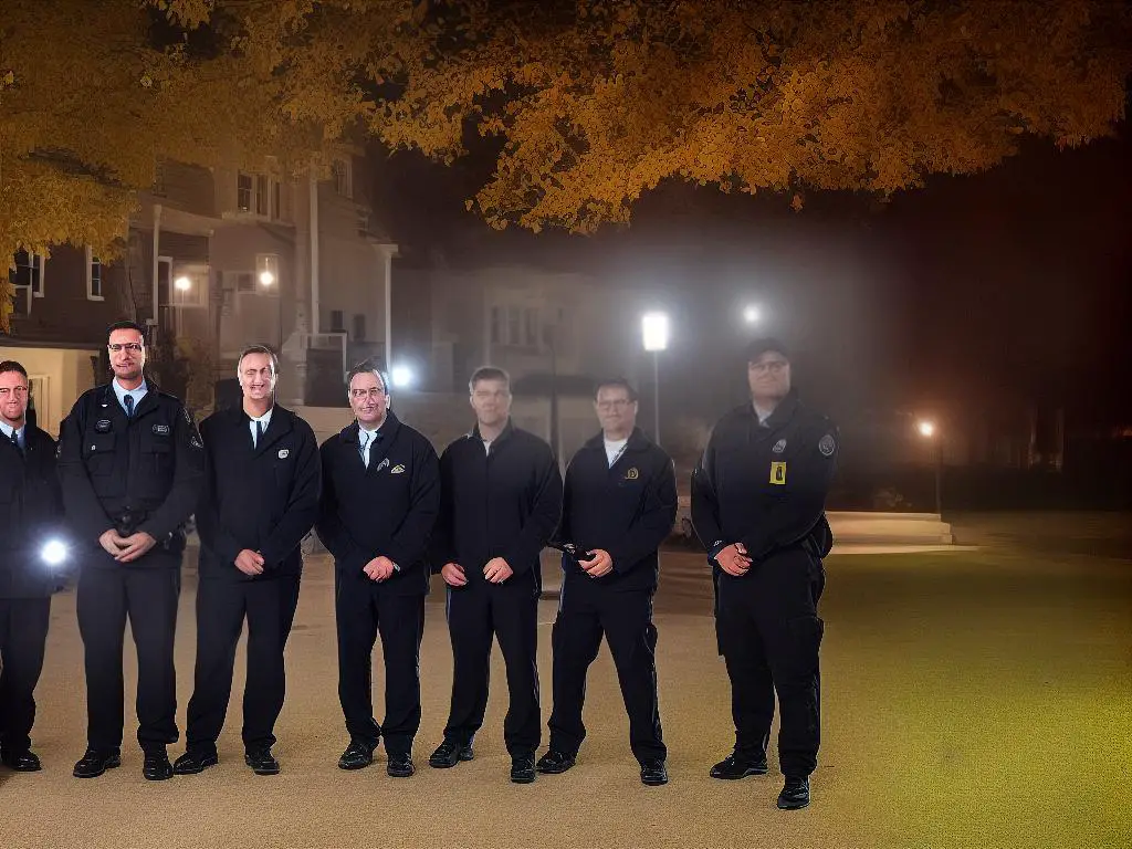 An image of a group of investigators standing in front of an old building at night holding flashlights