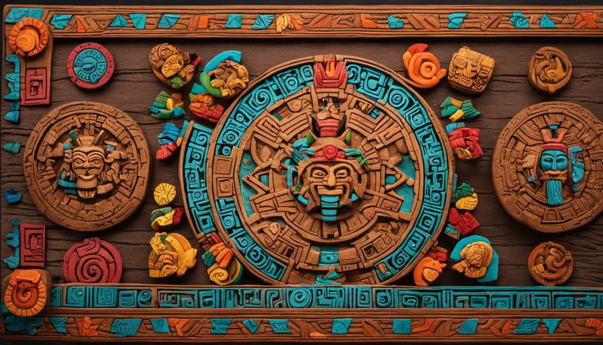 An image of an Aztec-themed board game with vibrant colors and unique clay game pieces representing Aztec gods and symbols. The board design is reminiscent of the Aztec calendar.