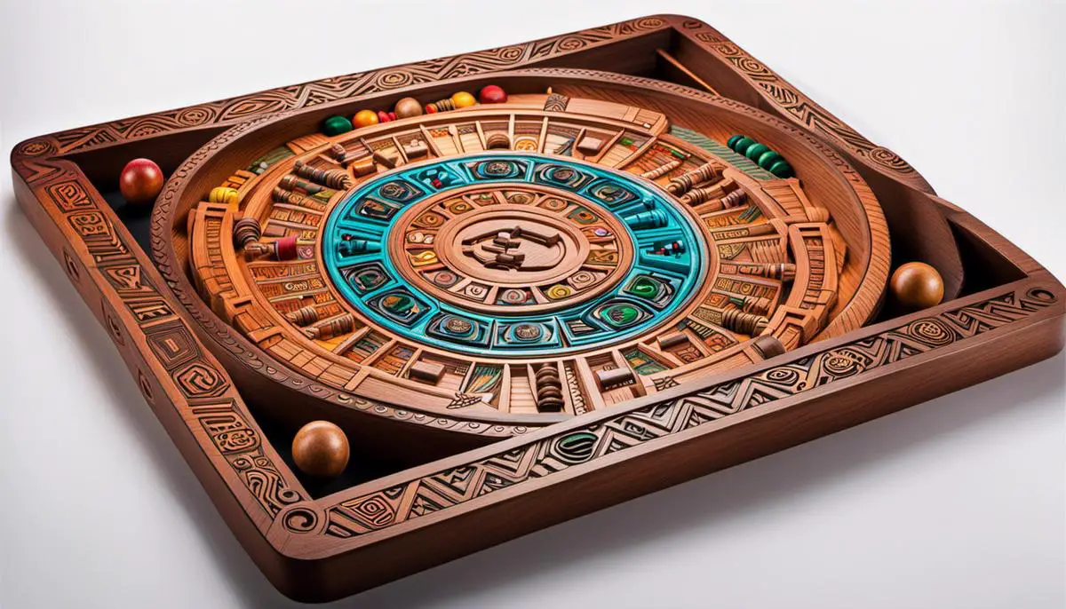 An image of an Aztec board game with intricate carvings and vibrant colors.