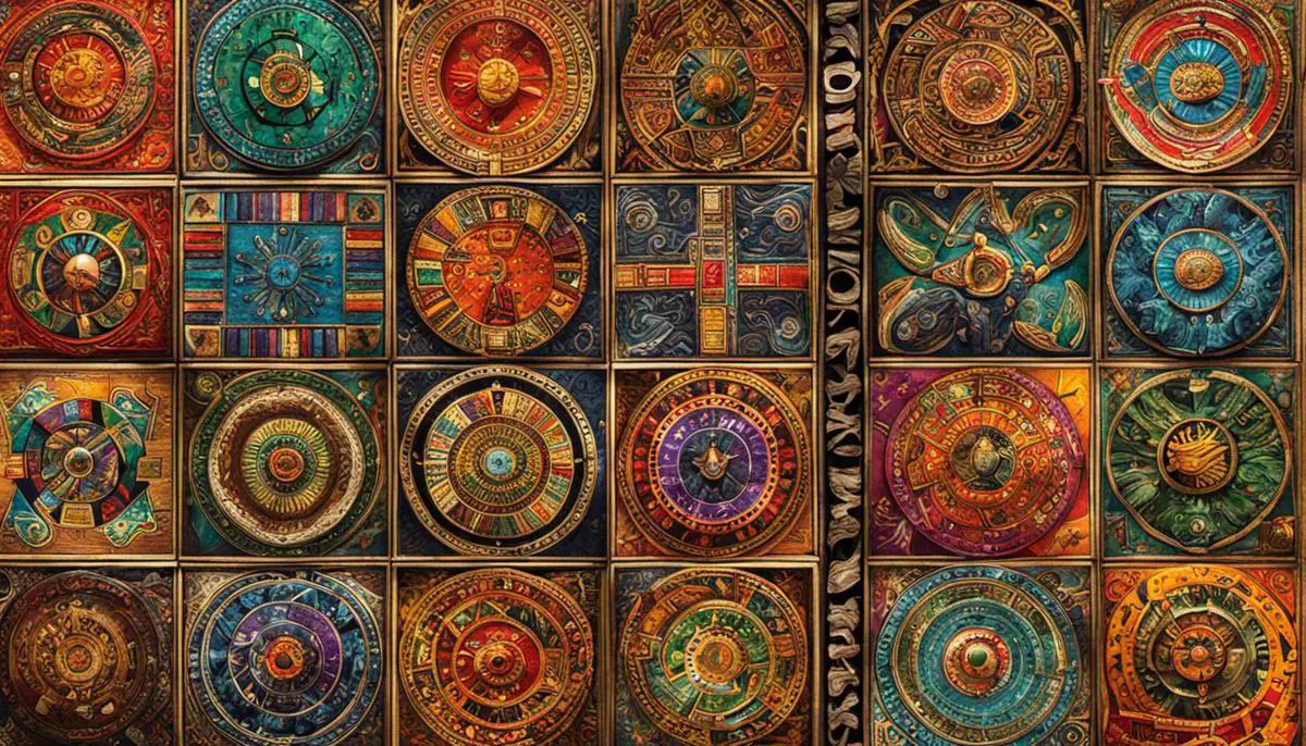 Image description: A collage of colorful Aztec board games showing different designs and patterns.