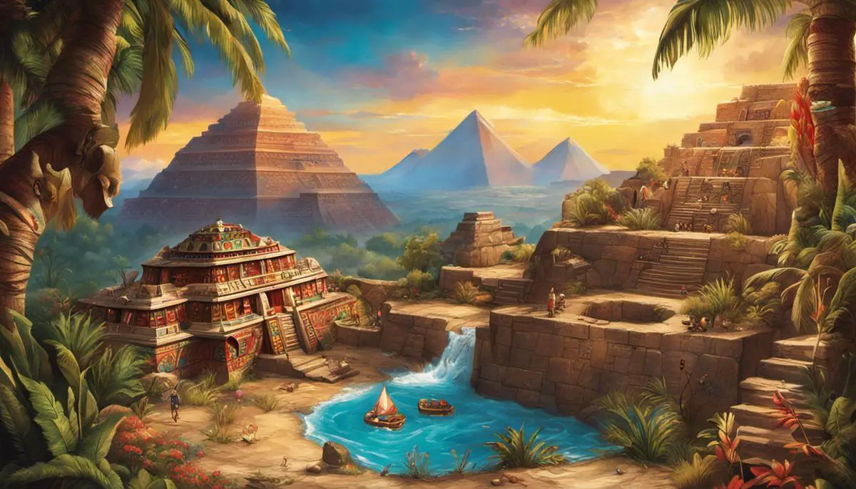 An image featuring a board game with Aztec-inspired artwork and components