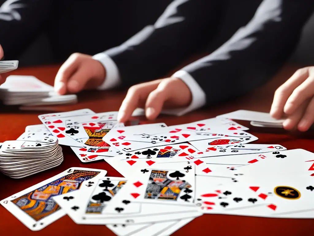 Image of a person holding playing cards with money on the table, representing baccarat betting and strategy