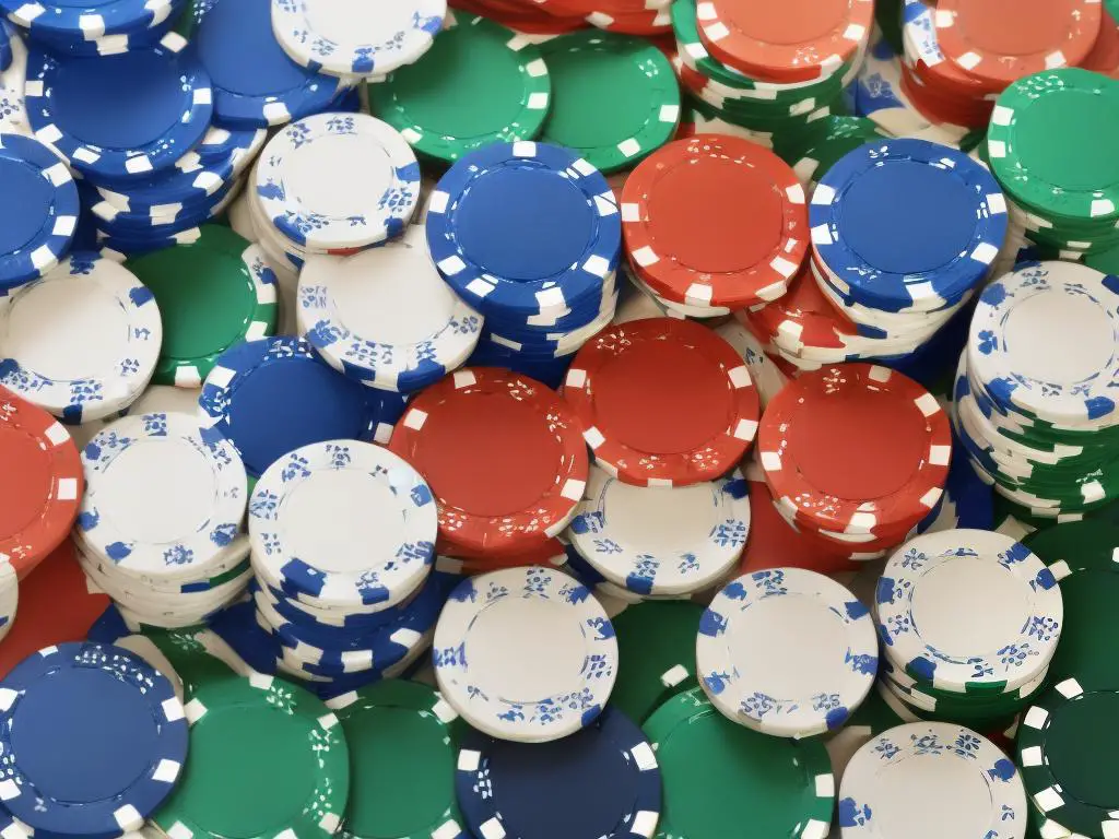 An illustration of poker chips and cards with an arrow pointing towards a piggy bank representing the concept of bankroll management in poker