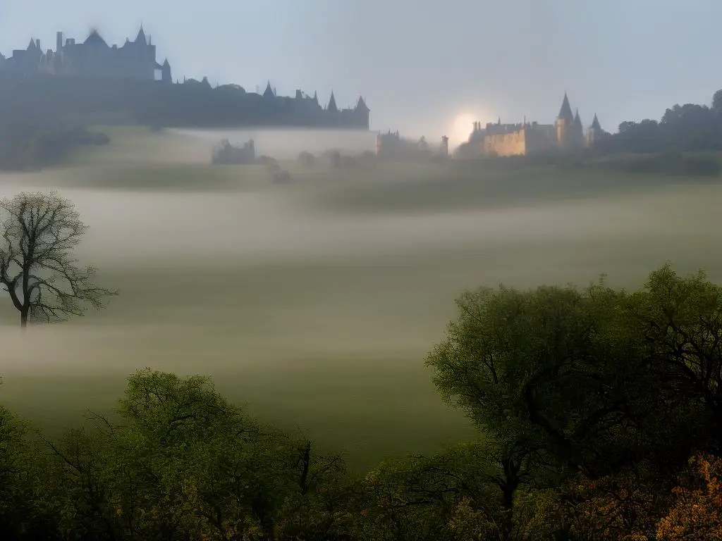 A spooky landscape with fog and trees, with a castle looming in the background.