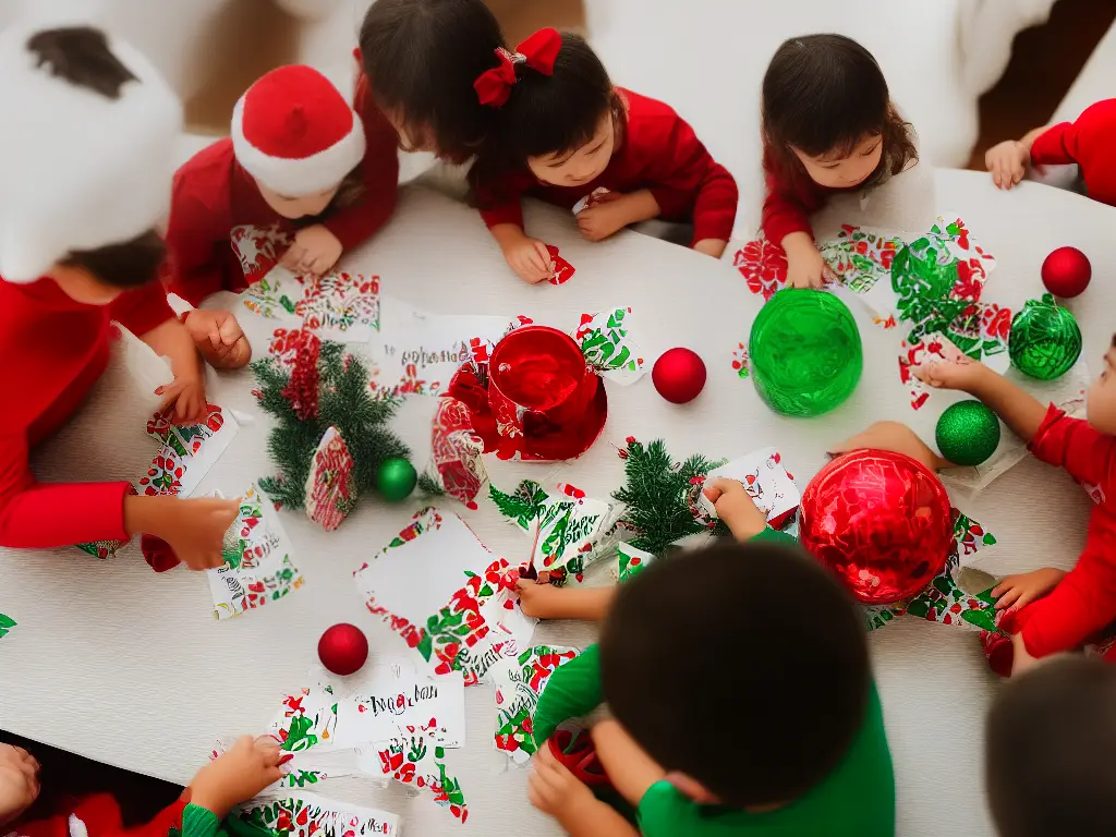 An image of a group of children gathered around a table playing Christmas-themed bingo. One child looks excitedly at their card while another calls out the numbers. The table is decorated with a red and green tablecloth and a centerpiece of holly and candles.