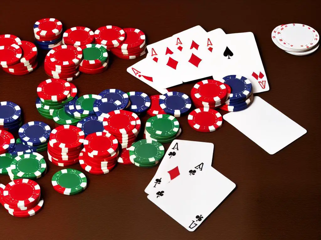 A table with cards and chips laid out for a game of blackjack.