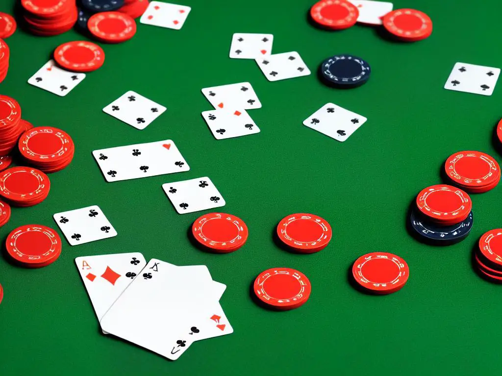 A picture of playing cards laid on top of a green baize table with casino chips on it