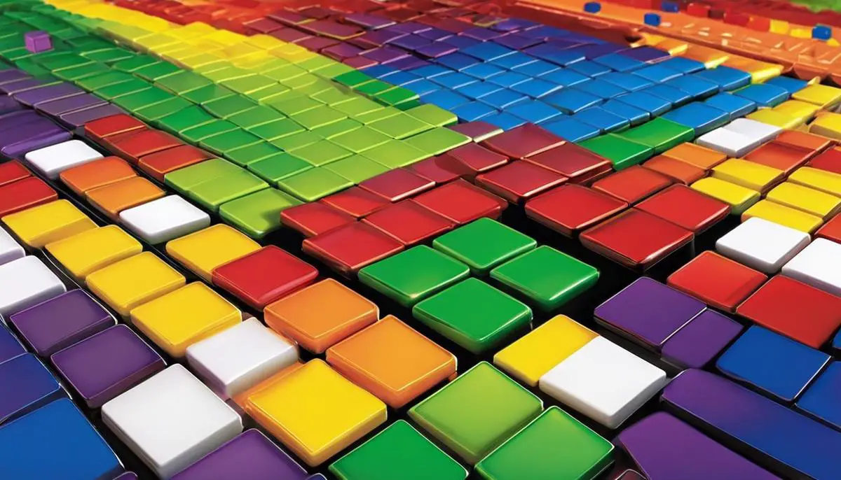 A colorful image depicting the different Blokus pieces and the board where they are placed.