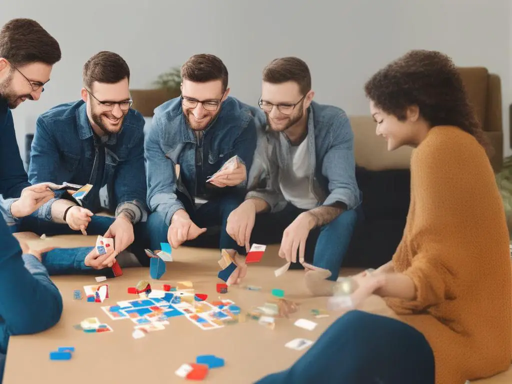 Three people sitting around a table playing board games with cards in front of them