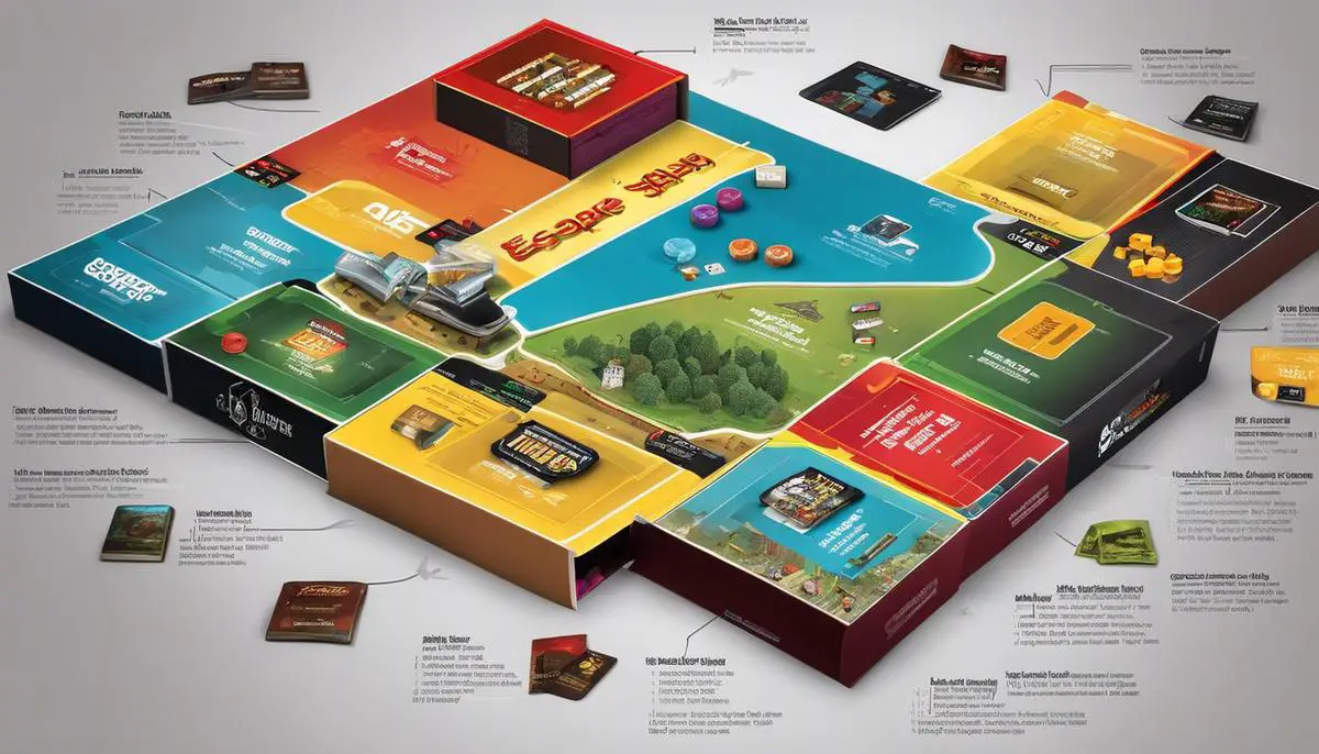 A visual representation of the evolution of board games, showing a timeline from old-school games to modern hybrid games, cooperative games, escape room games, and audio-integrated games