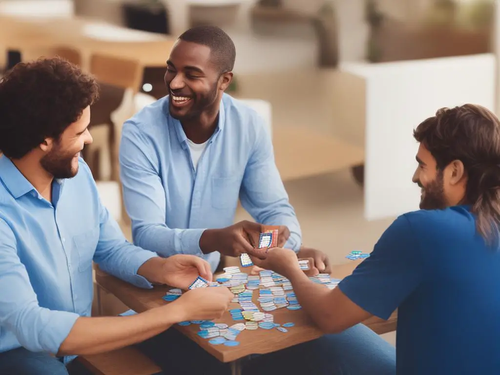 Two people sitting at a table, smiling, playing a card game with cards in their hands.