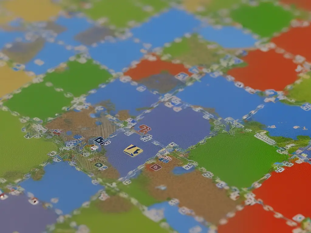 An image of a game board with colorful tiles showing roads, cities, and fields. There are players with colored game pieces surrounding the board, while one player is placing a tile on the board.