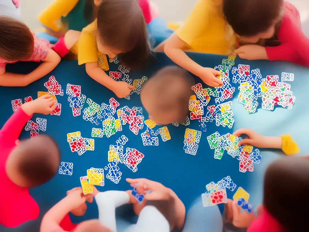 An image of happy children with playing cards in their hands and a colorful deck of cards on a table in front of them.